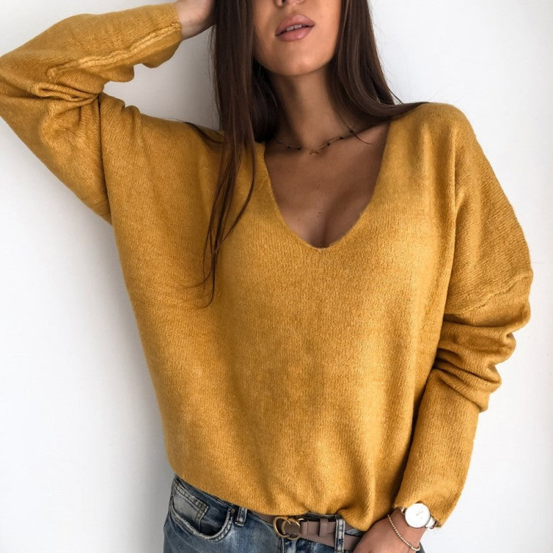 new autumn winter Women v-neck solid Sweater Pullover Female Knitted sweaters Jumper casual Knitwear Pull Femme jersey